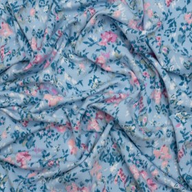 Stretch Polyester Jersey – Light Blue and Pink Ikat Floral Stretch Polyester Jersey – Light Blue and Pink Ikat Floral