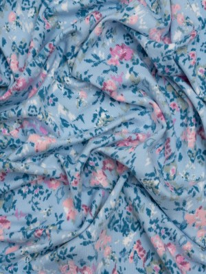 Stretch Polyester Jersey – Light Blue and Pink Ikat Floral Stretch Polyester Jersey – Light Blue and Pink Ikat Floral