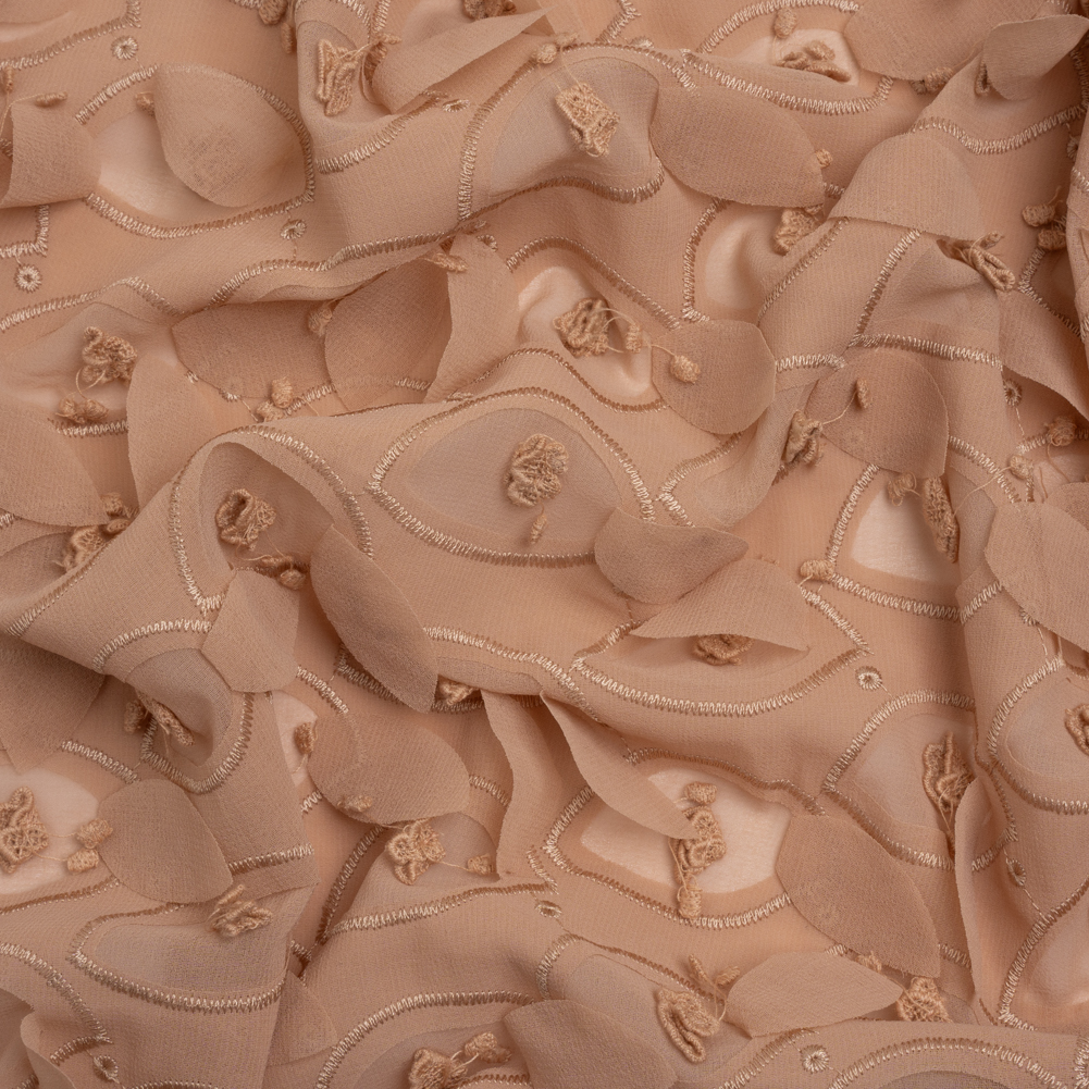 Famous Australian Designer Dusty Clay 3D Floral Embroidered Double Layer Polyester Georgette with Leaf Cutouts Famous Australian Designer Dusty Clay 3D Floral Embroidered Double Layer Polyester Georgette with Leaf Cutouts