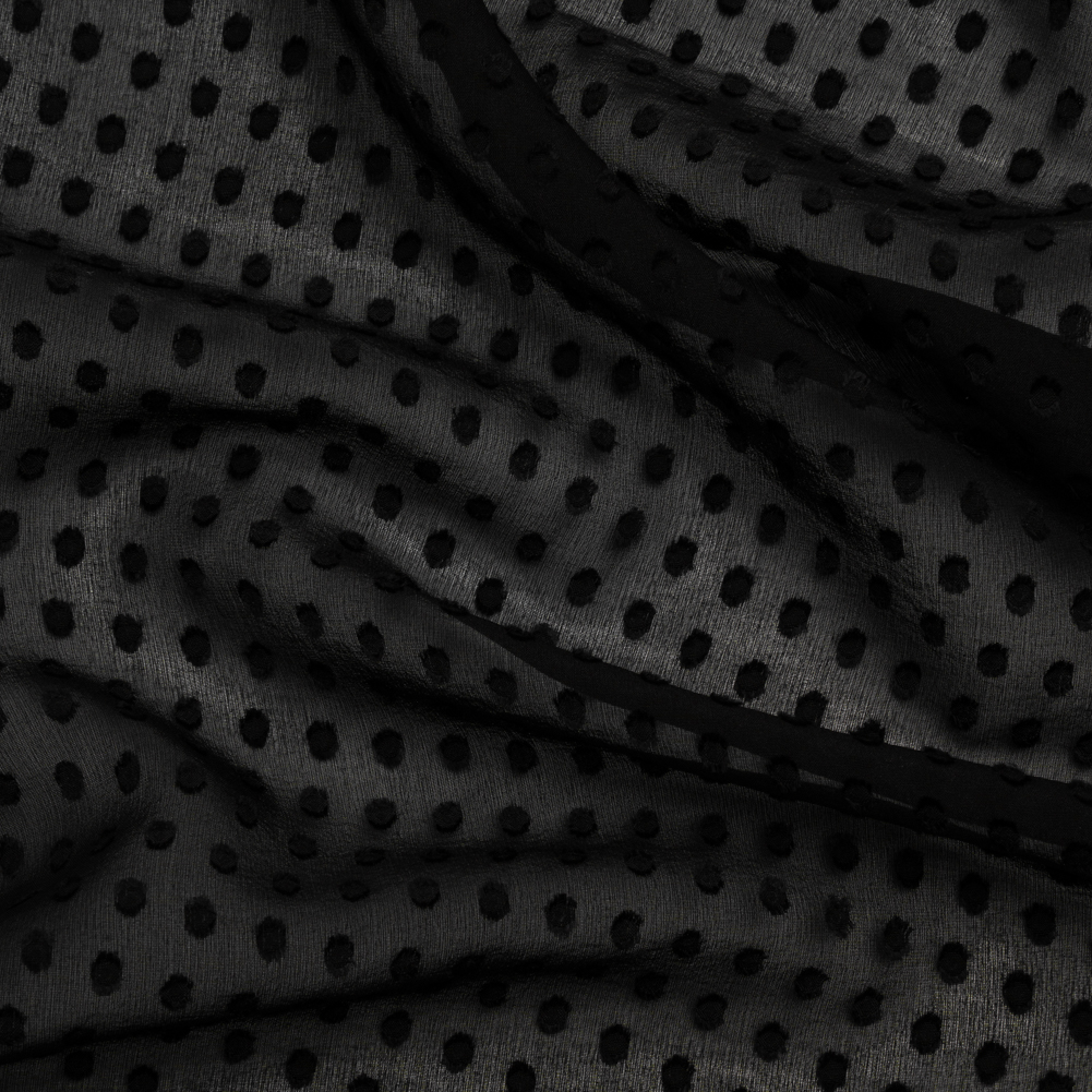 Famous Australian Designer Black Textured Burnout Polka Dots Silk and Viscose Georgette Famous Australian Designer Black Textured Burnout Polka Dots Silk and Viscose Georgette