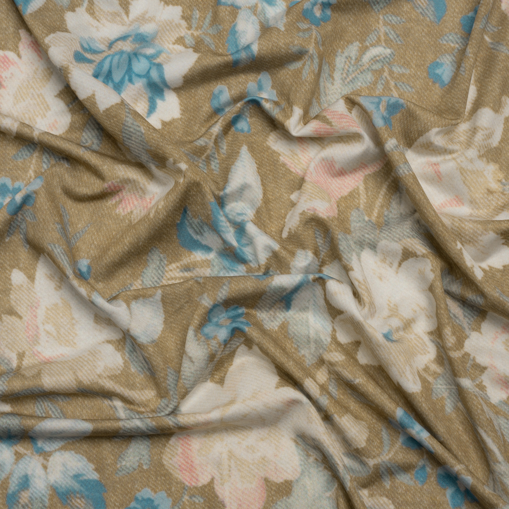 Famous Australian Designer Beige, Pink and Blue Floral Tapestry Stretch Polyester Jersey Famous Australian Designer Beige, Pink and Blue Floral Tapestry Stretch Polyester Jersey