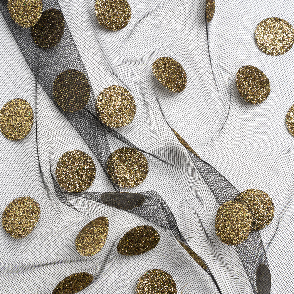 Famous Australian Designer Black and Gold Glitter Polka Dots Tulle Famous Australian Designer Black and Gold Glitter Polka Dots Tulle
