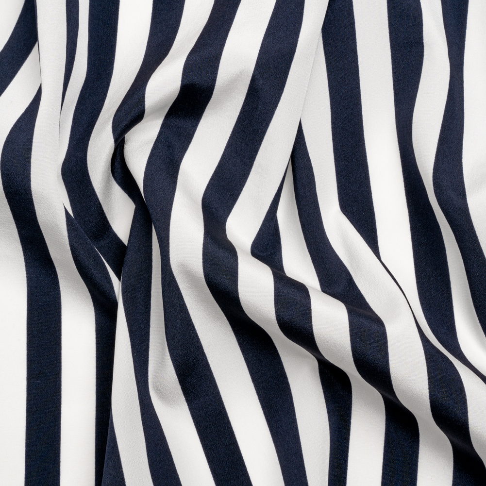Famous Australian Designer Navy and White Striped Stretch Silk Crepe de Chine Famous Australian Designer Navy and White Striped Stretch Silk Crepe de Chine