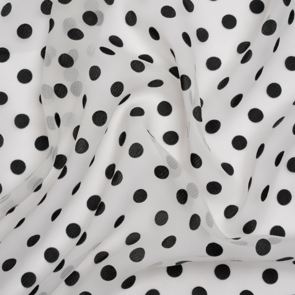 Famous Australian Designer Black and White Burnout Satin Polka Dots Polyester Chiffon Famous Australian Designer Black and White Burnout Satin Polka Dots Polyester Chiffon