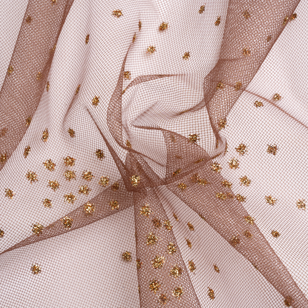 Famous Australian Designer Chocolate and Gold Glitter Spotted Polyester Tulle Famous Australian Designer Chocolate and Gold Glitter Spotted Polyester Tulle