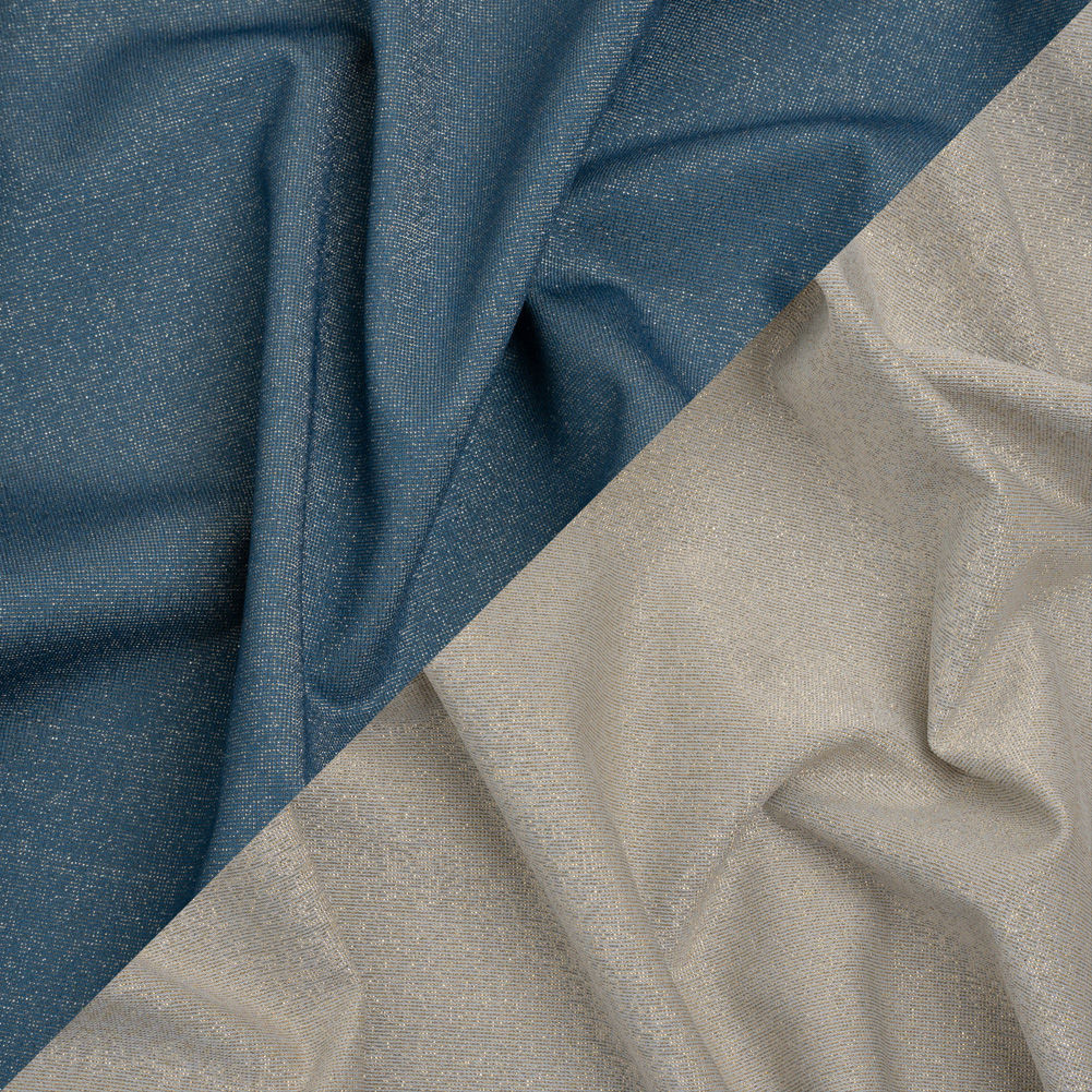 Famous Australian Designer Gray, French Blue and Metallic Gold Double Face Stretch Polyester Tricot Famous Australian Designer Gray, French Blue and Metallic Gold Double Face Stretch Polyester Tricot