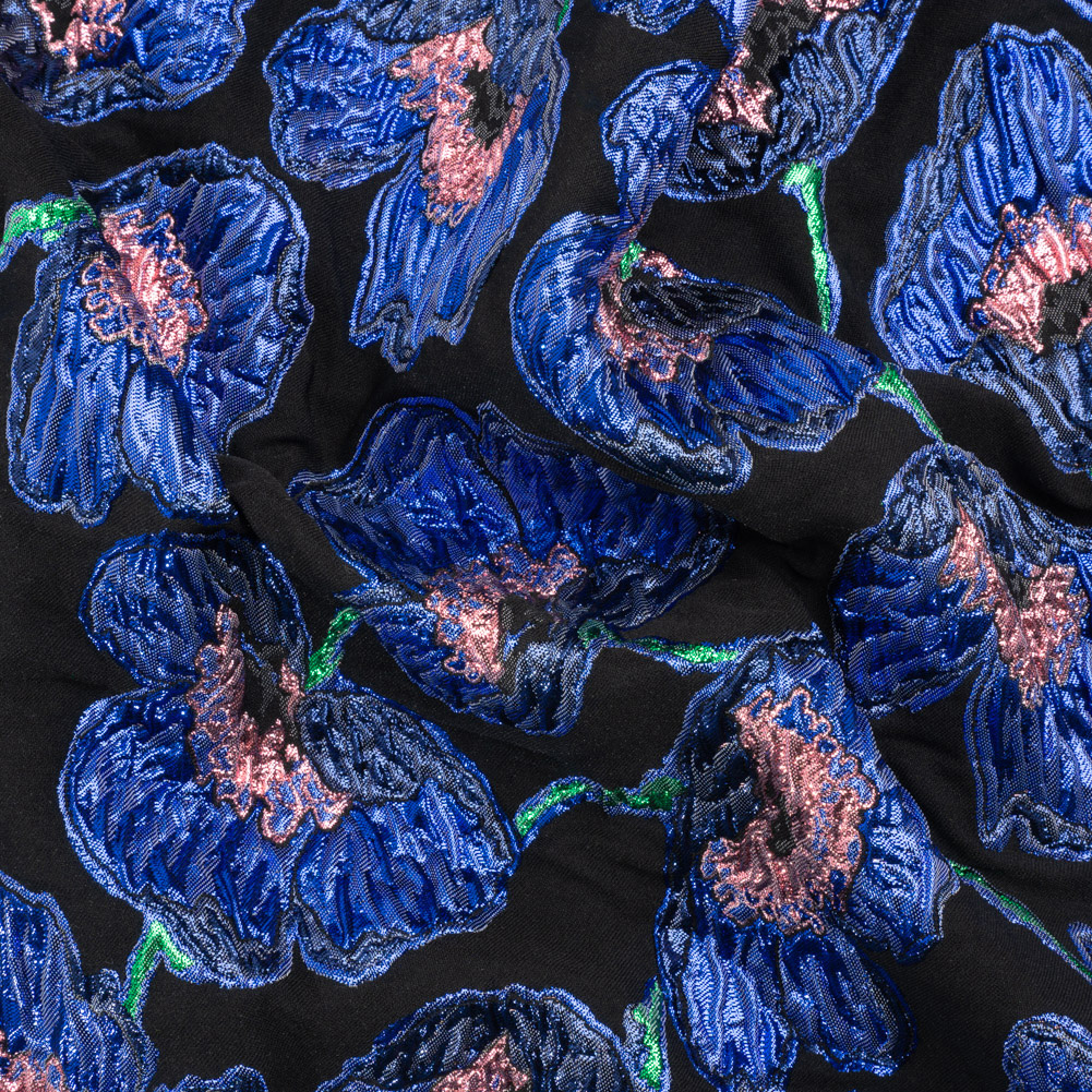 Carolina Herrera Metallic Blue, Green and Black Poppies Polyester and Nylon Brocade Carolina Herrera Metallic Blue, Green and Black Poppies Polyester and Nylon Brocade