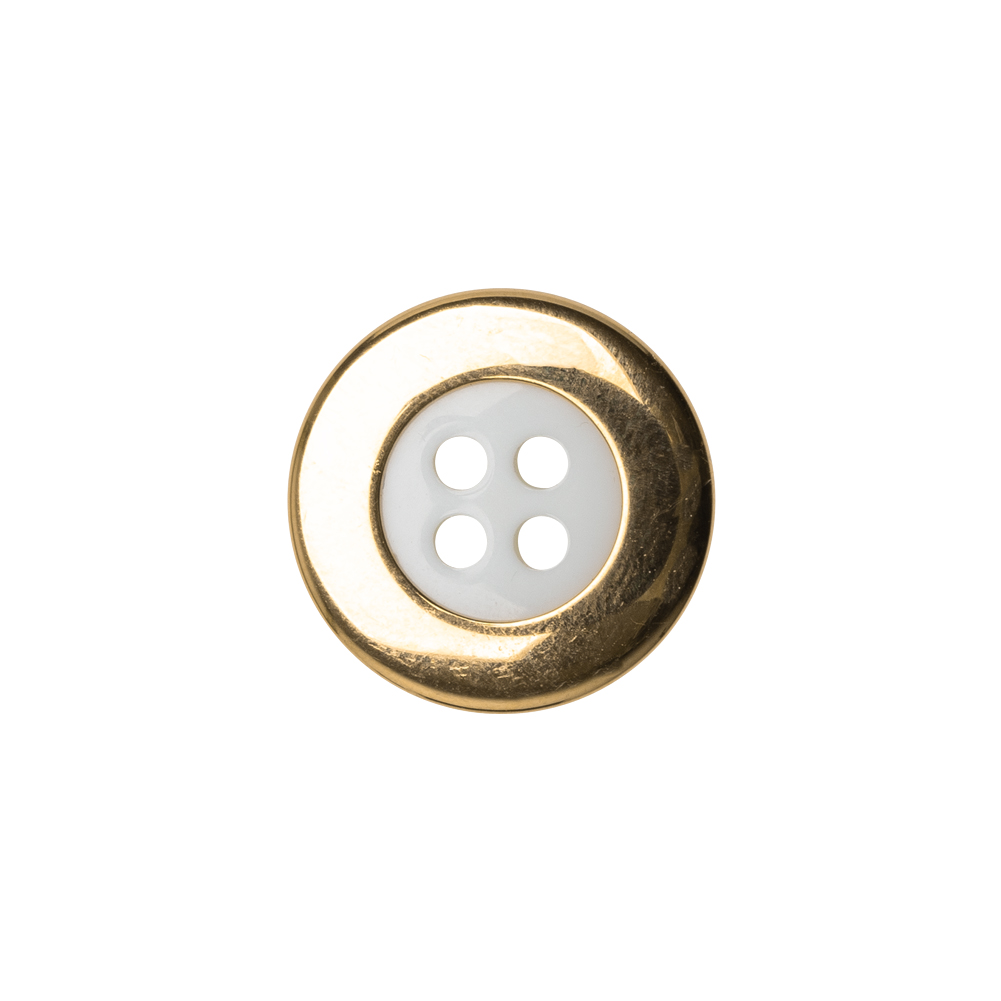 Plastic 4-Hole Button Made in Italy – White and Metallic Gold Convex Narrow Rim – 28L/18mm Plastic 4-Hole Button Made in Italy – White and Metallic Gold Convex Narrow Rim – 28L/18mm