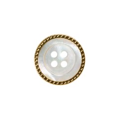 Mother of Pearl 4-Hole Button – 28L/18mm – Iridescent White with Gold Metal Hobnail Rim – Made in Italy Mother of Pearl 4-Hole Button – 28L/18mm – Iridescent White with Gold Metal Hobnail Rim – Made in Italy