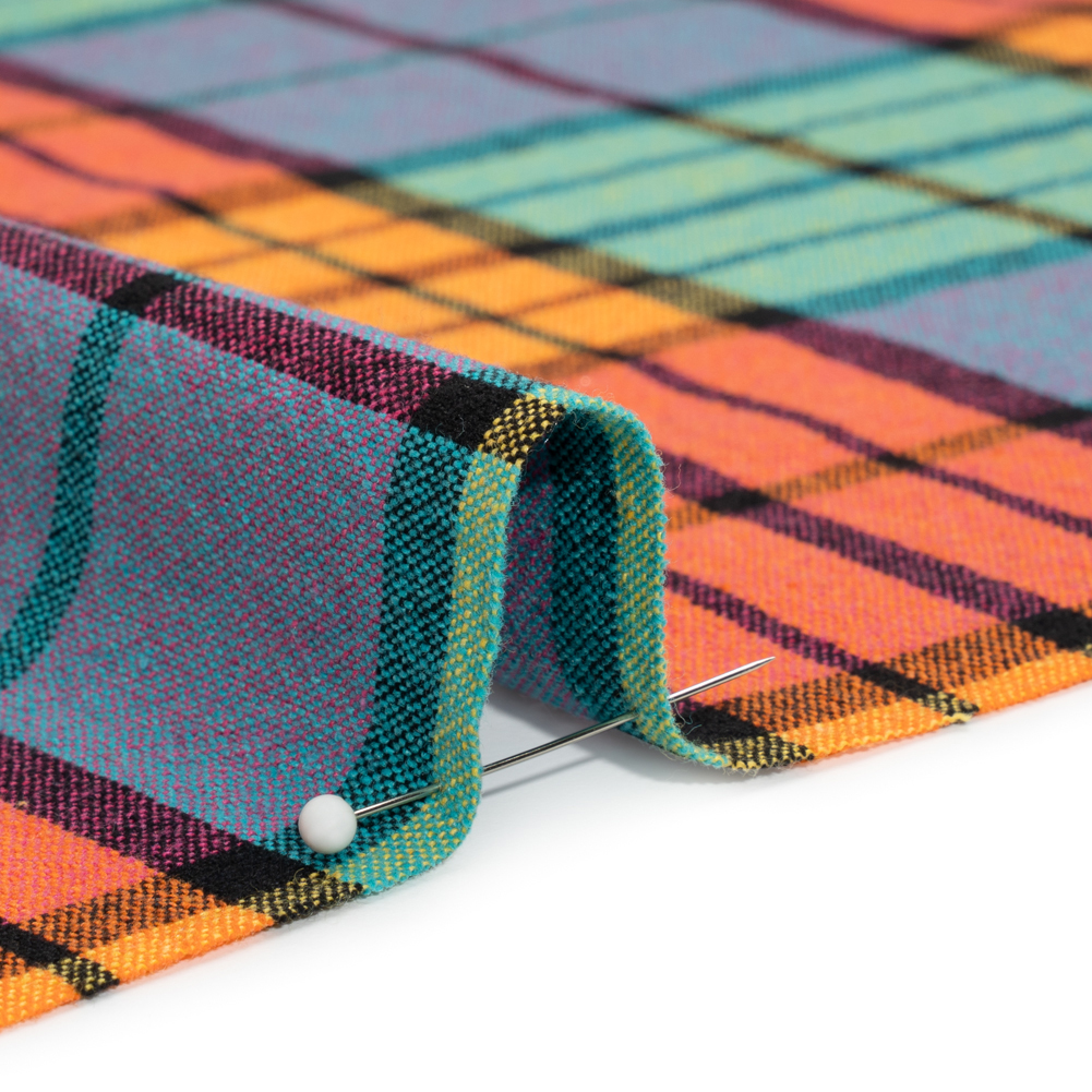 Orange, Green and Blue Plaid Homespun Cotton and Polyester Woven