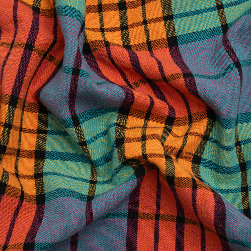 Orange, Green and Blue Plaid Homespun Cotton and Polyester Woven Orange, Green and Blue Plaid Homespun Cotton and Polyester Woven