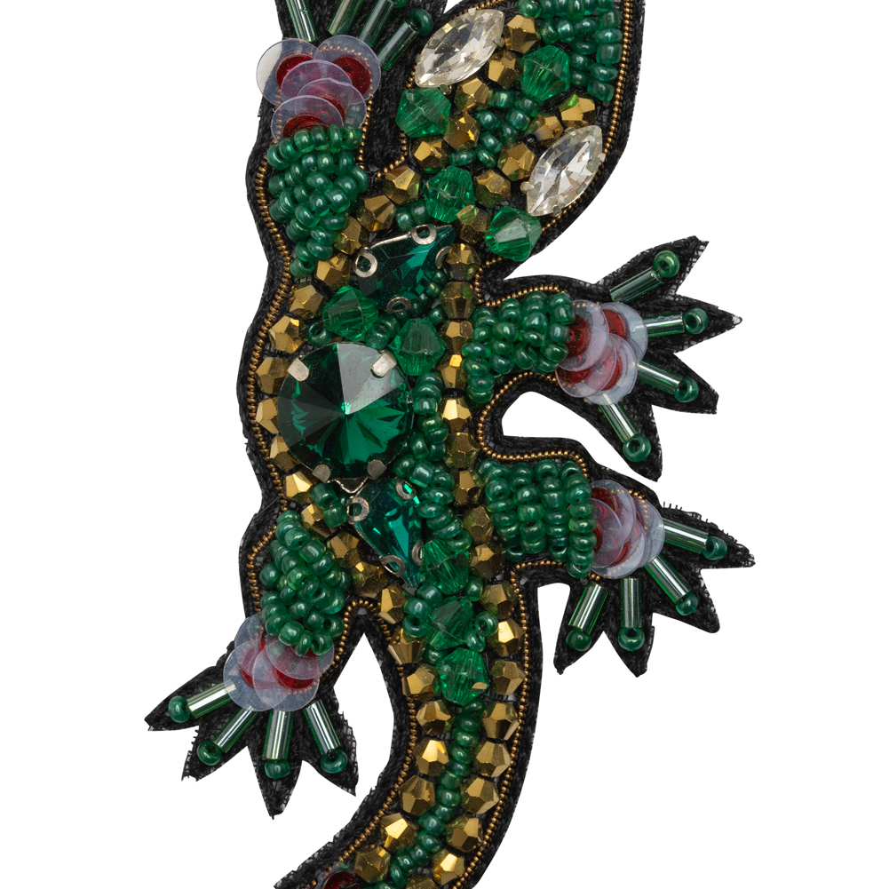 Rhinestones, Sequins and Glass Beaded Applique, 3.5" x 2.75" - Green and Gold Lizard - Alice Collection