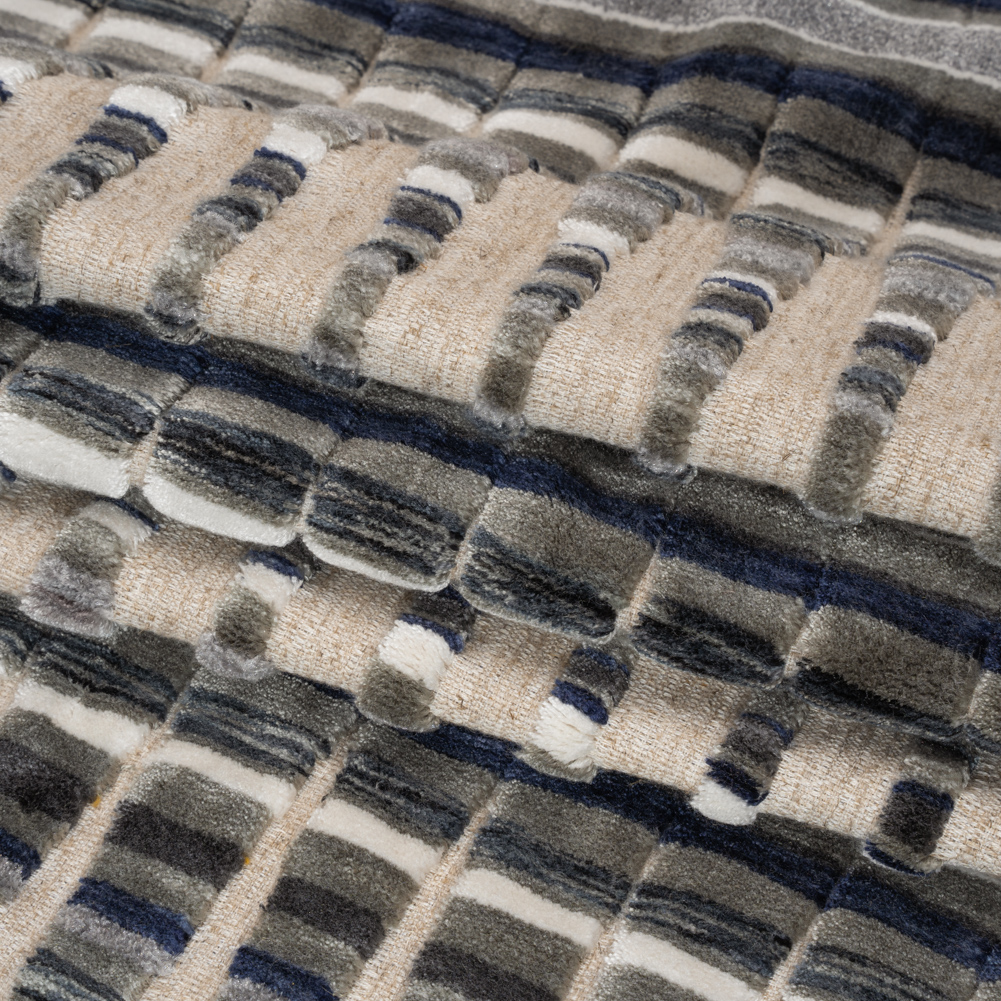 Blue Steel Stripes and Plush Velvet Undulating Lines Upholstery Woven Blue Steel Stripes and Plush Velvet Undulating Lines Upholstery Woven