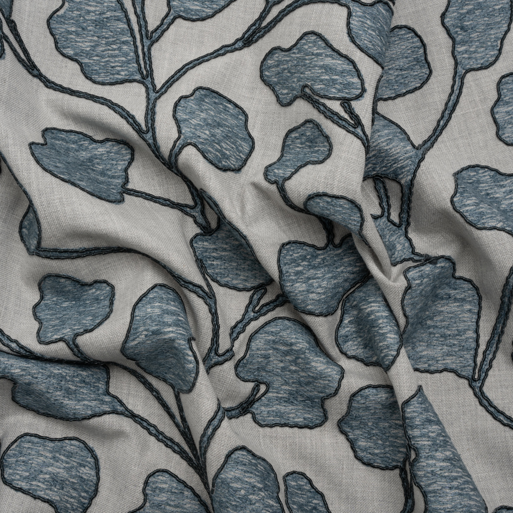 Denim Branches Corded and Embroidered Drapery Woven Denim Branches Corded and Embroidered Drapery Woven