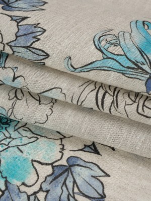 Oatmeal and Blue Fading Bouquet Medium Weight Linen Woven Oatmeal and Blue Fading Bouquet Medium Weight Linen Woven