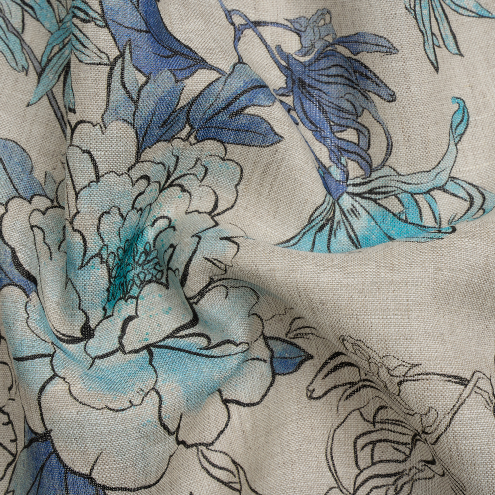Oatmeal and Blue Fading Bouquet Medium Weight Linen Woven Oatmeal and Blue Fading Bouquet Medium Weight Linen Woven