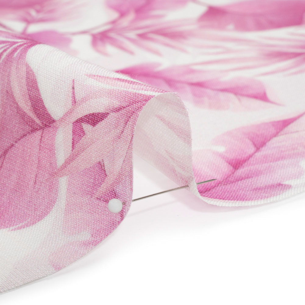 Pink and White Leaves Medium Weight Linen Woven Pink and White Leaves Medium Weight Linen Woven