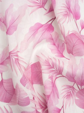Pink and White Leaves Medium Weight Linen Woven Pink and White Leaves Medium Weight Linen Woven