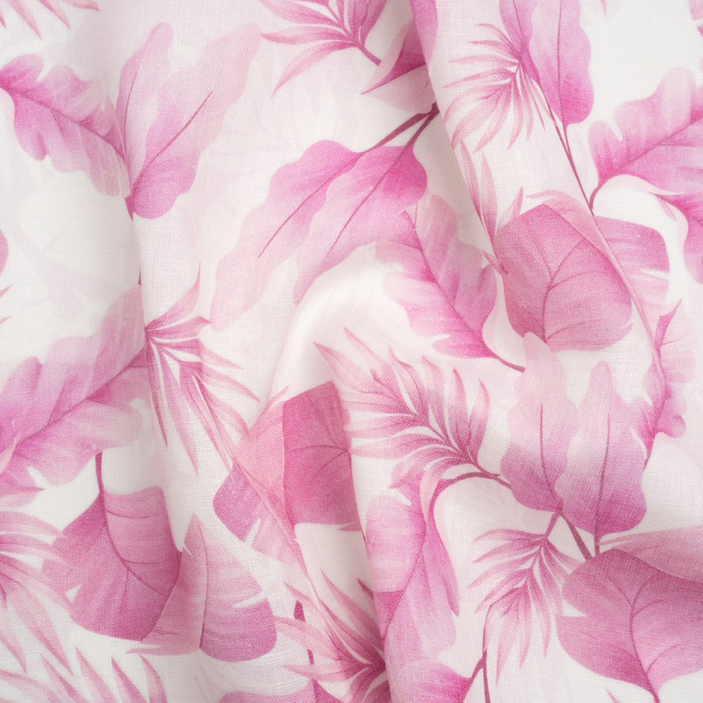 Pink and White Leaves Medium Weight Linen Woven Pink and White Leaves Medium Weight Linen Woven