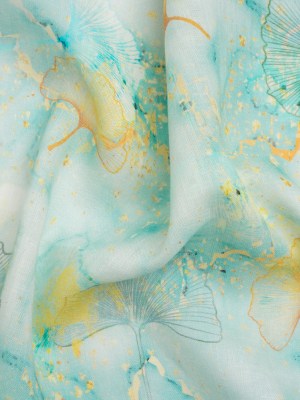 Dark Aqua and Sunshine Floating Ginkgo Leaves Medium Weight Linen Woven Dark Aqua and Sunshine Floating Ginkgo Leaves Medium Weight Linen Woven