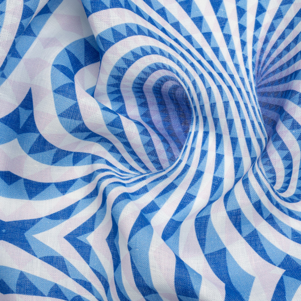 Blue, White and Palest Pink Spiralling Tunnels Medium Weight Linen Woven Blue, White and Palest Pink Spiralling Tunnels Medium Weight Linen Woven