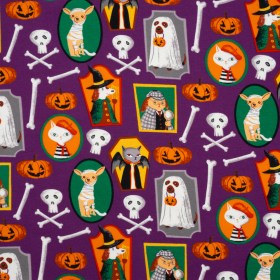 Stretch Organic Cotton Jersey – Purple, Orange and Green Halloween Pet Portraits – Deadstock Stretch Organic Cotton Jersey – Purple, Orange and Green Halloween Pet Portraits – Deadstock