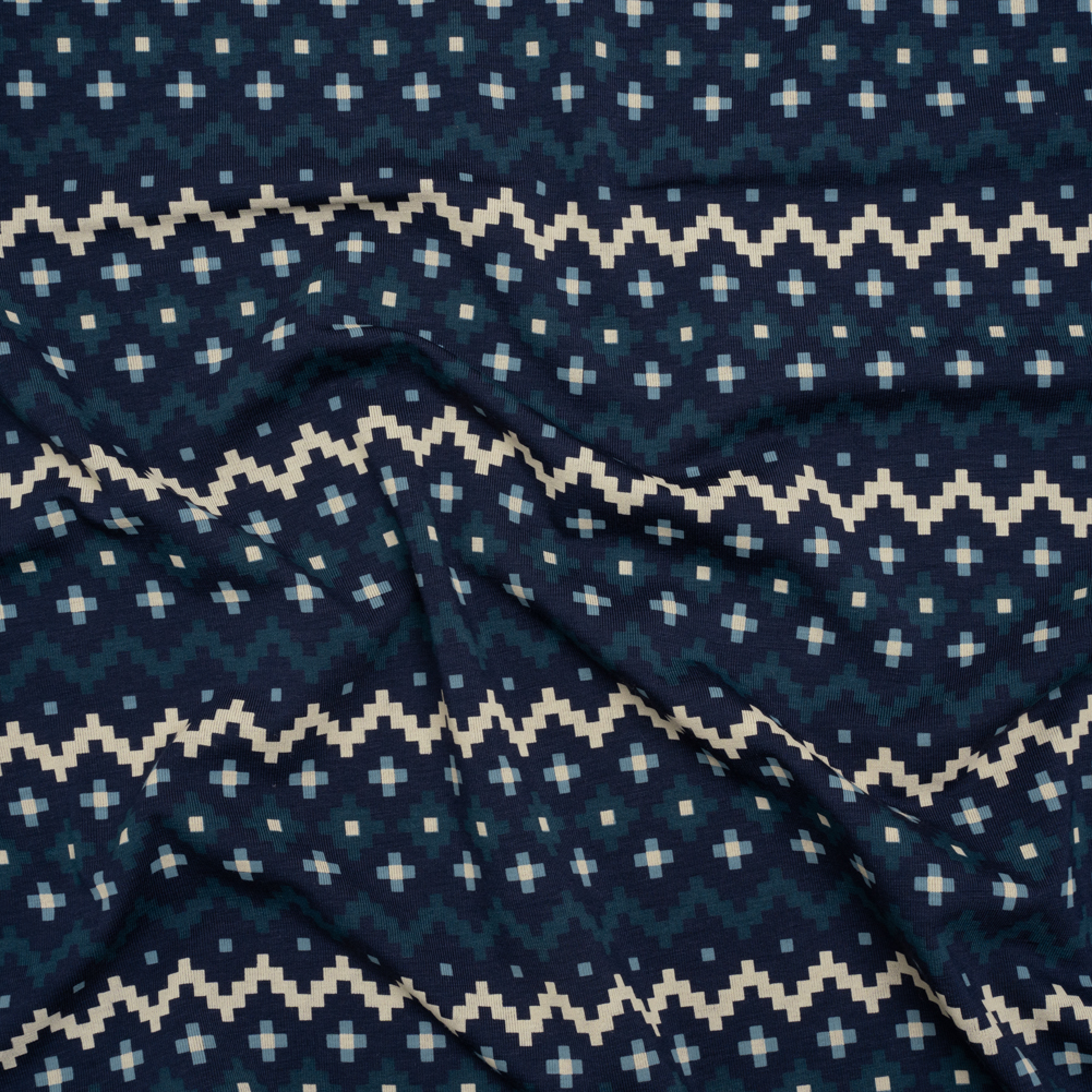 Stretch Modal and Cotton Jersey – Navy, Beige and Dark Teal Geometric Stripes – Deadstock Stretch Modal and Cotton Jersey – Navy, Beige and Dark Teal Geometric Stripes – Deadstock