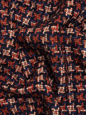 Navy, Red and Metallic Gold Houndstooth Chenille Fringe Tweedy Acrylic Woven Navy, Red and Metallic Gold Houndstooth Chenille Fringe Tweedy Acrylic Woven