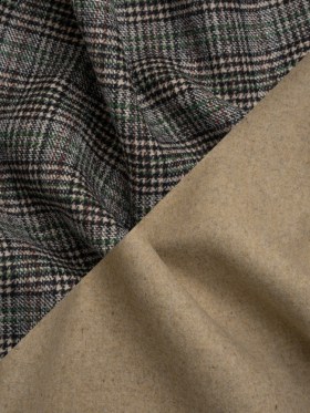 Beige, Green and Black Glen Check Wool Blend Double Cloth Coating with Metallic Accents Beige, Green and Black Glen Check Wool Blend Double Cloth Coating with Metallic Accents