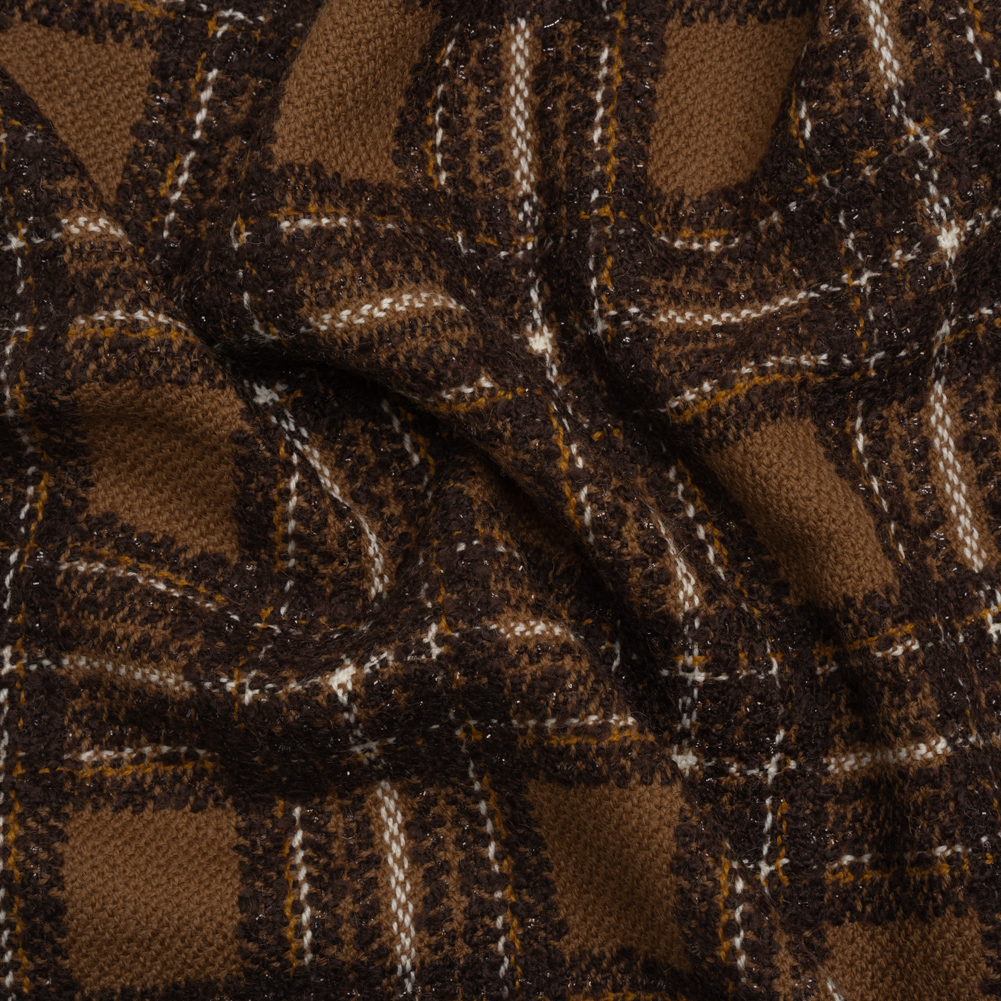 Brown, White and Metallic Black Boucle Plaid Wool Blend Tweed Brown, White and Metallic Black Boucle Plaid Wool Blend Tweed