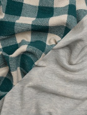 Pine Green and Beige Checked and Heathered Gray Cotton and Polyester French Terry Pine Green and Beige Checked and Heathered Gray Cotton and Polyester French Terry