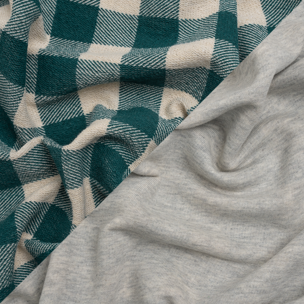 Pine Green and Beige Checked and Heathered Gray Cotton and Polyester French Terry Pine Green and Beige Checked and Heathered Gray Cotton and Polyester French Terry