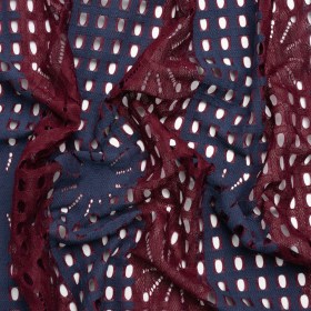 Burgundy and Navy Flowers and Eyelets Striped Re-Embroidered Lace Burgundy and Navy Flowers and Eyelets Striped Re-Embroidered Lace