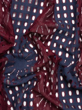 Burgundy and Navy Flowers and Eyelets Striped Re-Embroidered Lace Burgundy and Navy Flowers and Eyelets Striped Re-Embroidered Lace