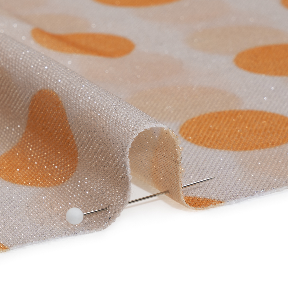 Metallic Silver, Light Mauve and Orange Polka Dots Lightweight Polyester Tricot Metallic Silver, Light Mauve and Orange Polka Dots Lightweight Polyester Tricot