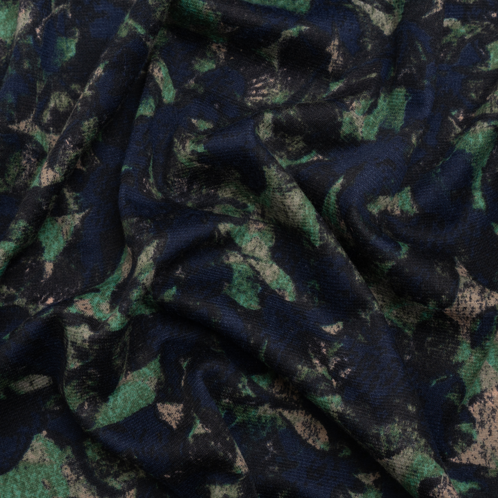 Navy, Green and Taupe Leaf Impressions Polyester Interlock Knit Navy, Green and Taupe Leaf Impressions Polyester Interlock Knit