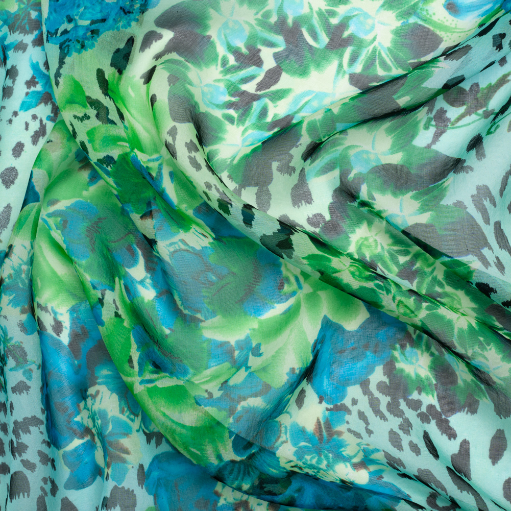 Blue and Green Jungle Fun Silk Voile Blue and Green Jungle Fun Silk Voile