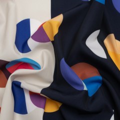 Midnight, Cream and Multicolor Split Polka Dots on Wide Stripes Polyester Woven Midnight, Cream and Multicolor Split Polka Dots on Wide Stripes Polyester Woven