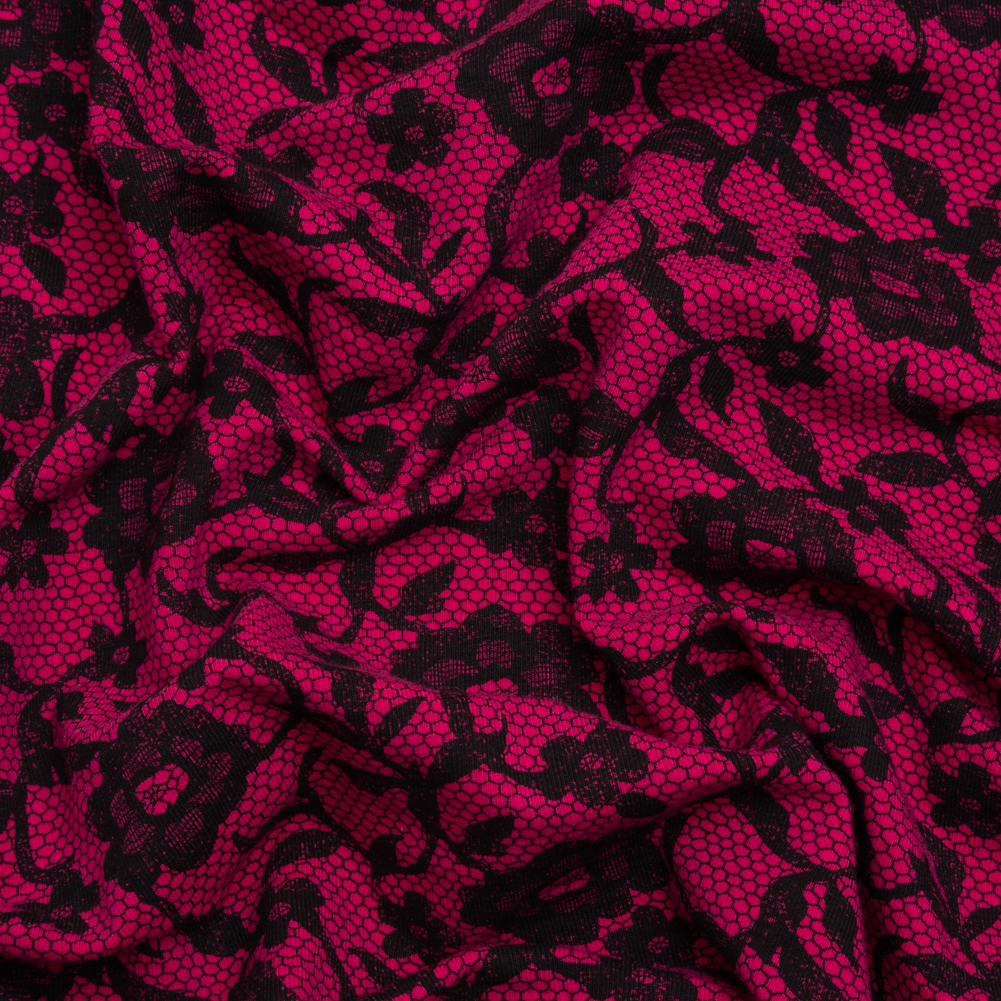 Hot Pink and Black Floral Lace Print Stretch Cotton Jersey Hot Pink and Black Floral Lace Print Stretch Cotton Jersey