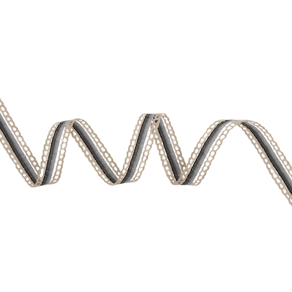 Woven Trim with Lace Borders – 0.5″ – Gray and Black Gradient and Cream Chains Woven Trim with Lace Borders – 0.5″ – Gray and Black Gradient and Cream Chains