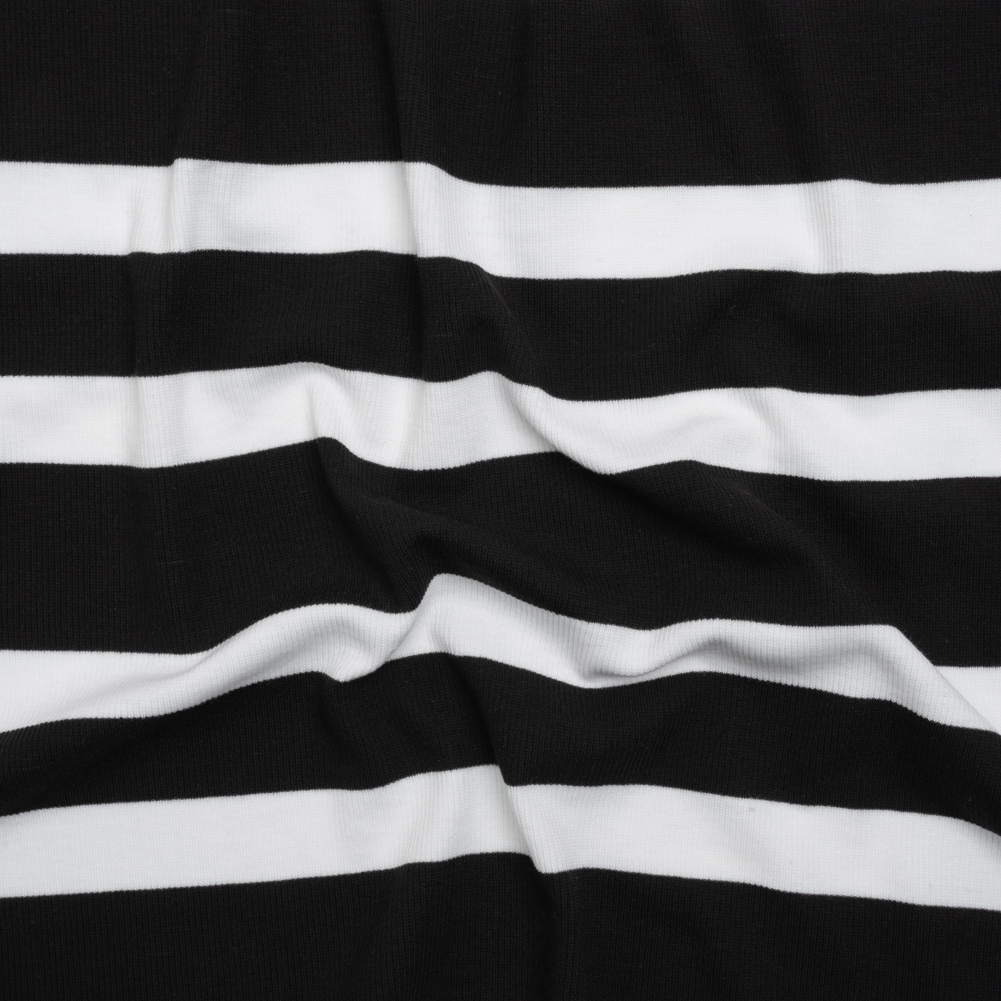 Stretch Polyester 2×2 Rib Knit – Black and White Stripes – Deadstock Stretch Polyester 2×2 Rib Knit – Black and White Stripes – Deadstock