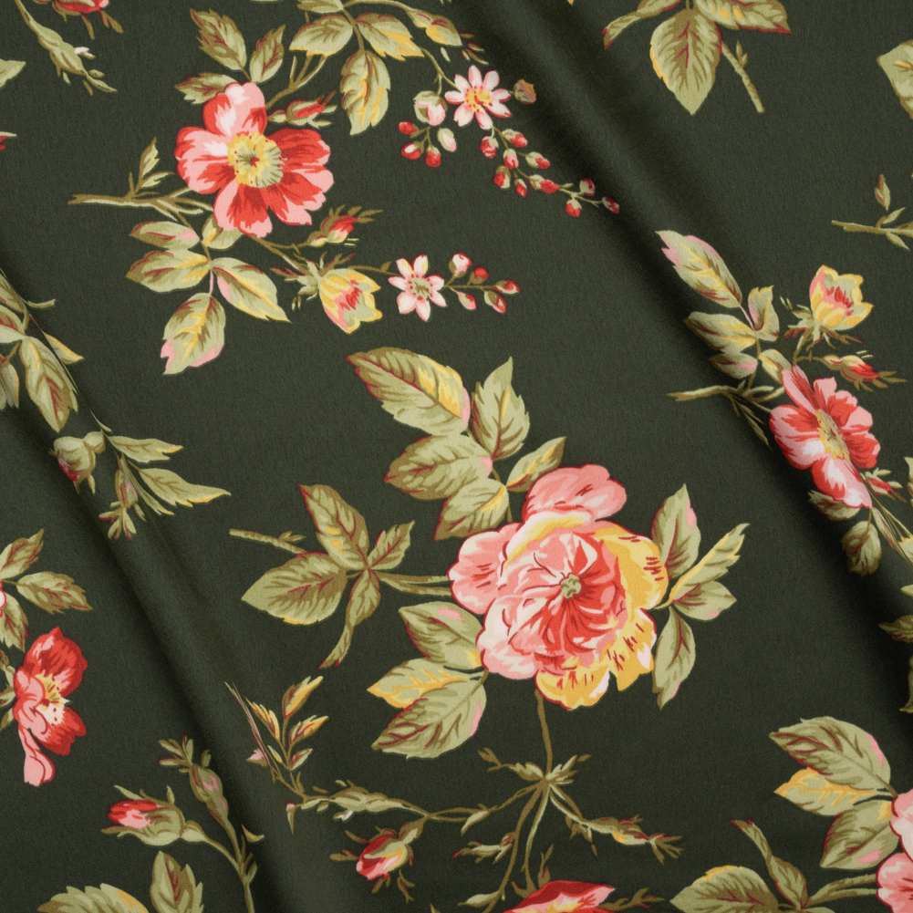 Polyester Charmeuse – Forest Green and Pink Floral – Deadstock Polyester Charmeuse – Forest Green and Pink Floral – Deadstock