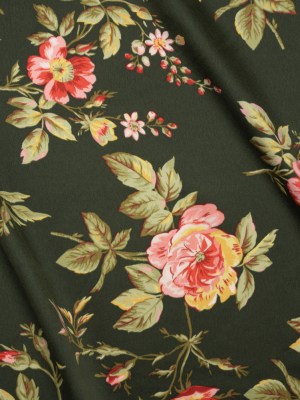Polyester Charmeuse – Forest Green and Pink Floral – Deadstock Polyester Charmeuse – Forest Green and Pink Floral – Deadstock