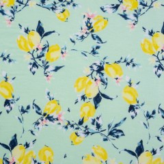 Stretch Rayon Jersey – Mint, Teal and Yellow Lemons on Trees – Deadstock Stretch Rayon Jersey – Mint, Teal and Yellow Lemons on Trees – Deadstock