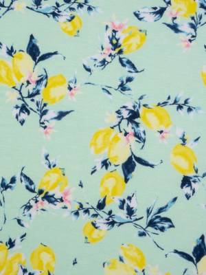 Stretch Rayon Jersey – Mint, Teal and Yellow Lemons on Trees – Deadstock Stretch Rayon Jersey – Mint, Teal and Yellow Lemons on Trees – Deadstock