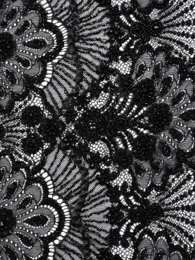 Beaded Lace with Sequin Studs and Finished Edges – Black Fantastical Florals Beaded Lace with Sequin Studs and Finished Edges – Black Fantastical Florals