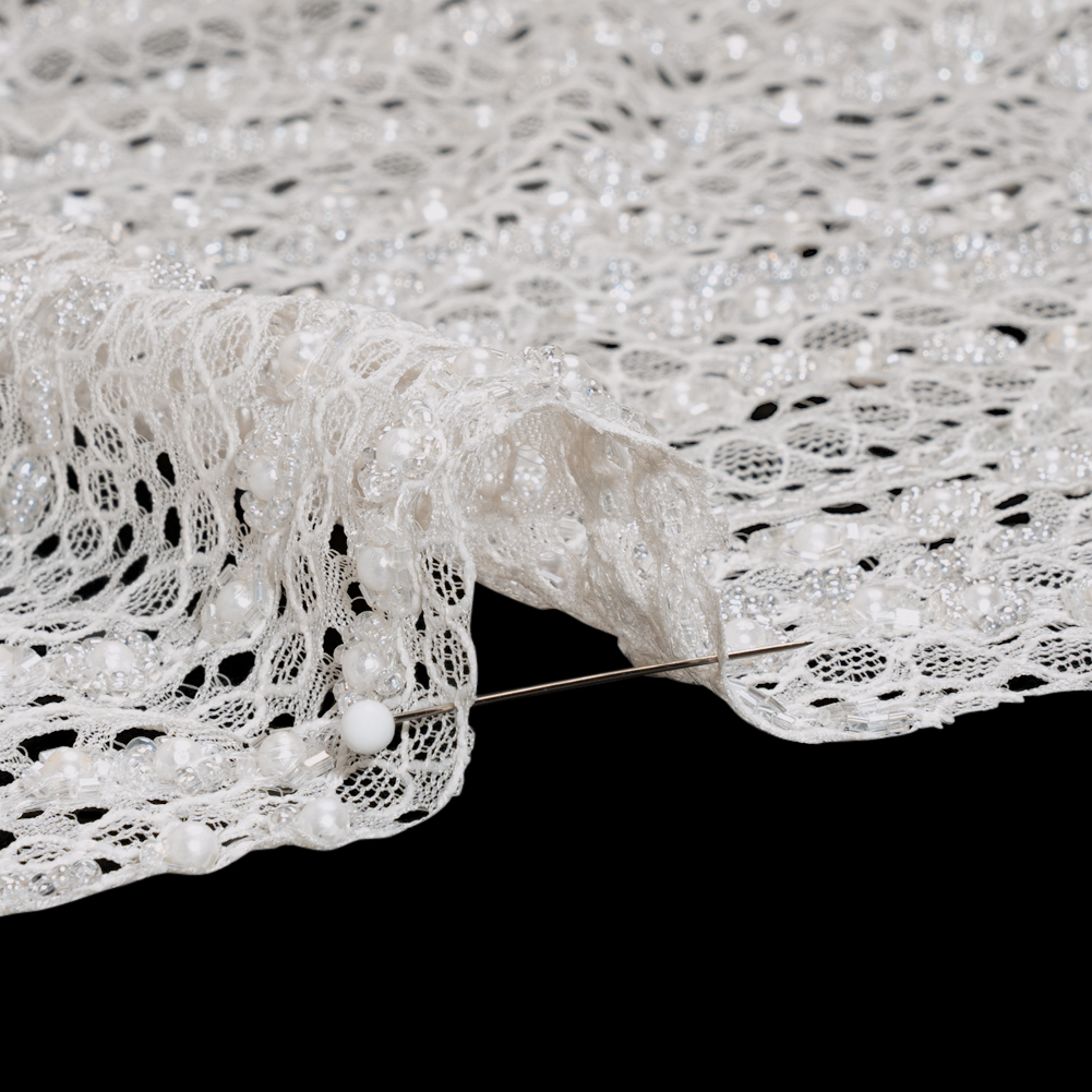 Bridal Lace with Beads, Sequins, and Finished Edges - Off White Wavy Lines