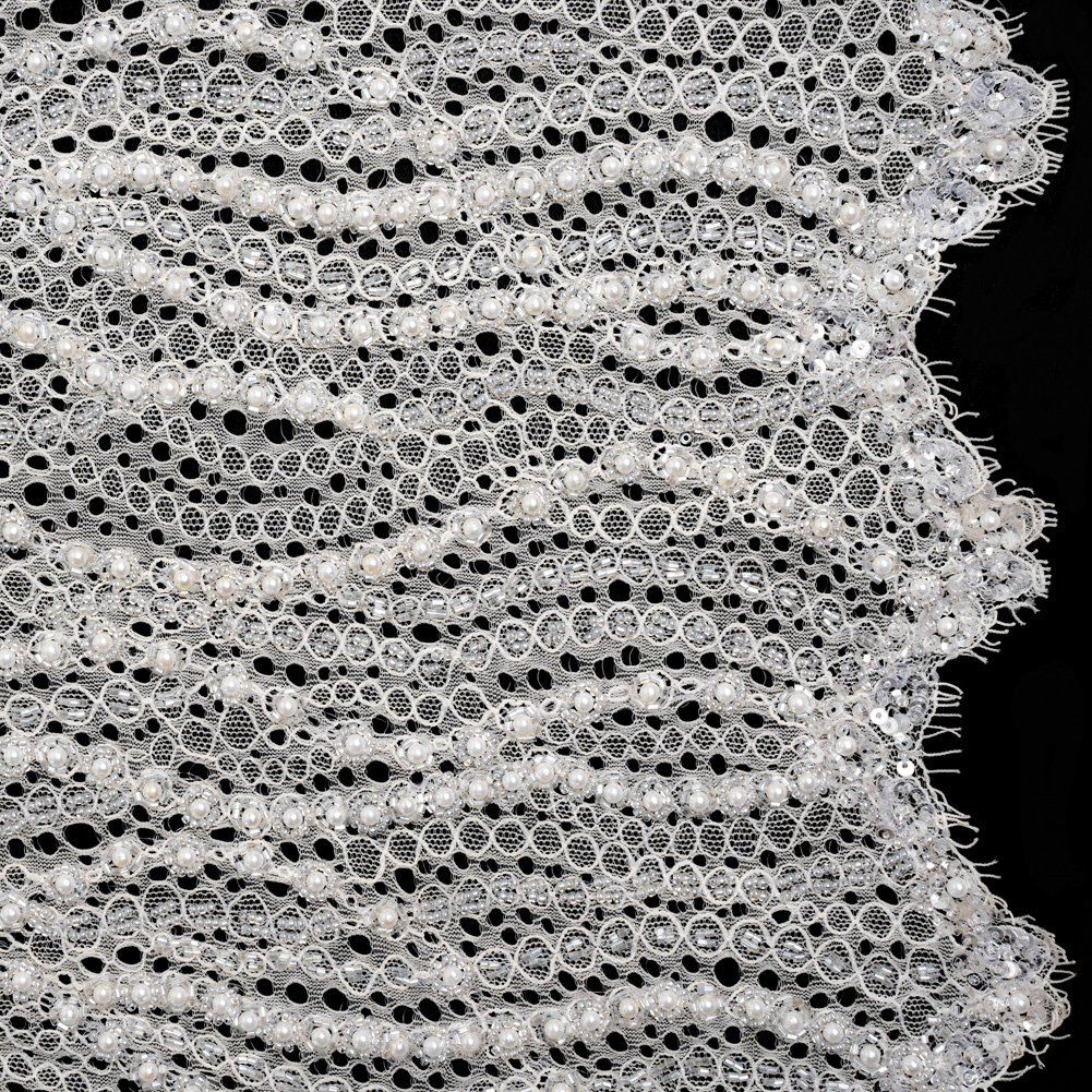 Bridal Lace with Beads, Sequins, and Finished Edges – Off White Wavy Lines Bridal Lace with Beads, Sequins, and Finished Edges – Off White Wavy Lines