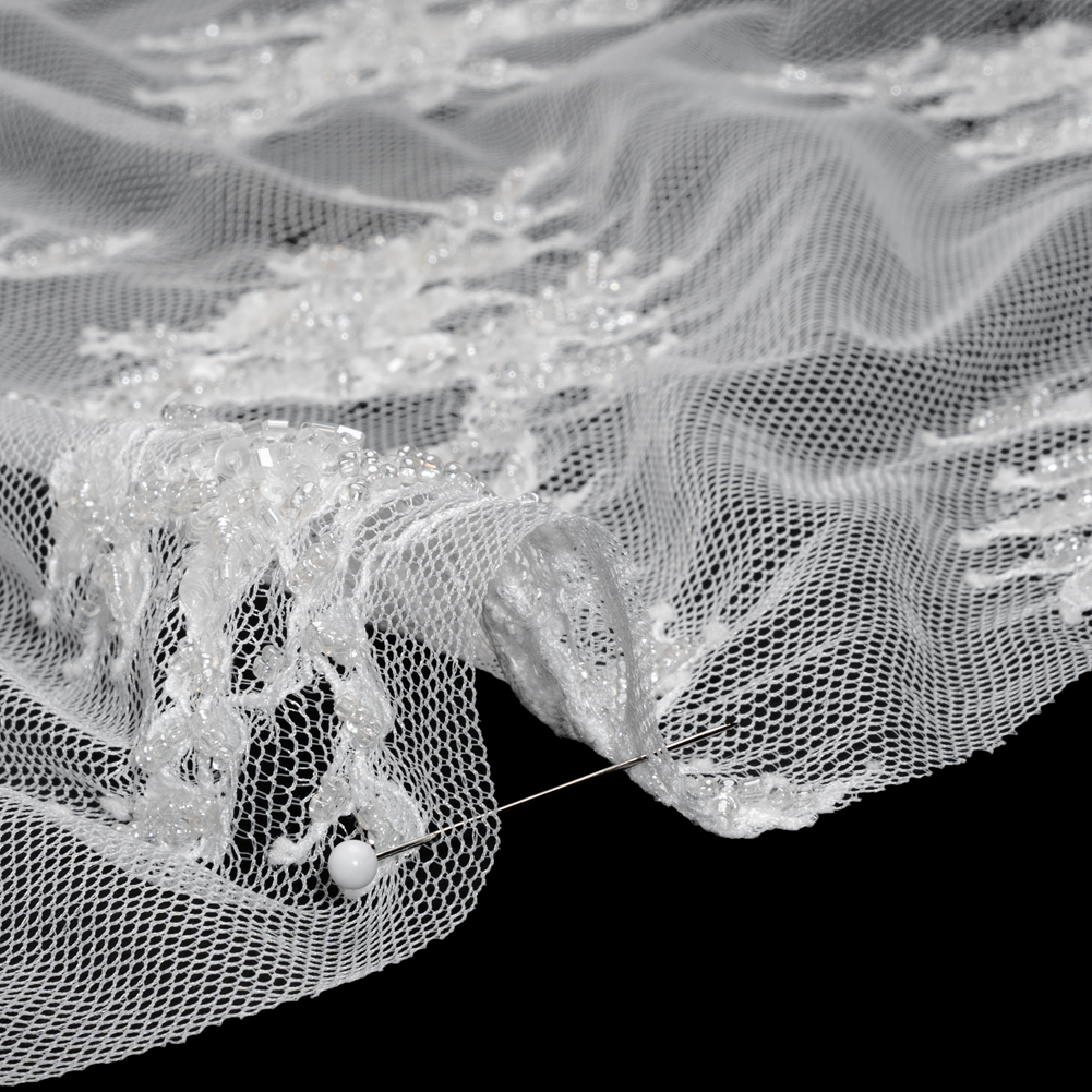 Chantilly Lace with Beads, Sequins and Finished Edges - Off White Roses and Swirls