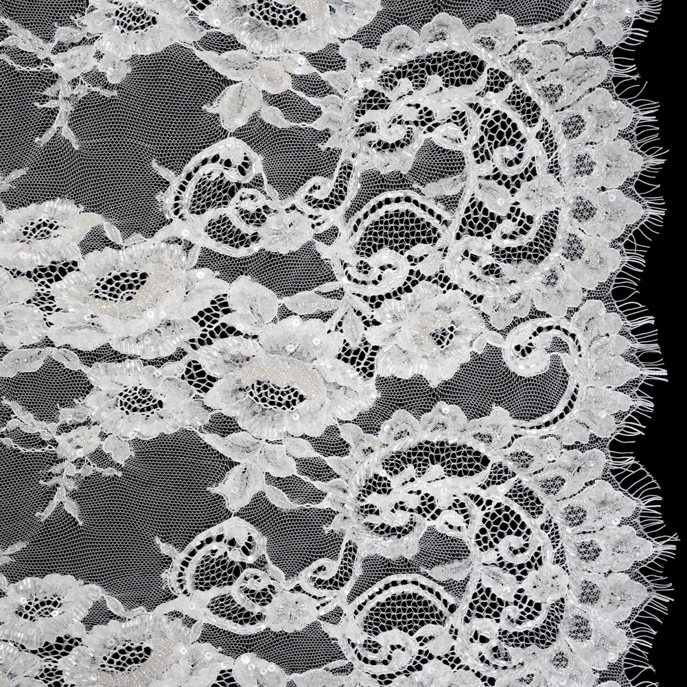 Chantilly Lace with Beads, Sequins and Finished Edges – Off White Roses and Swirls Chantilly Lace with Beads, Sequins and Finished Edges – Off White Roses and Swirls
